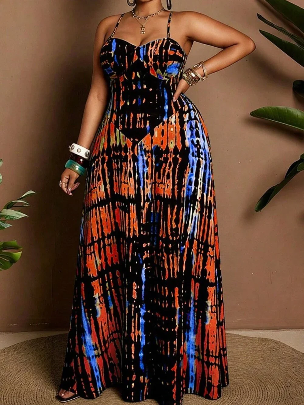 multicolor Boho Women's Plus Size tie dye Printed Sexy spagetti strap maxi Dress